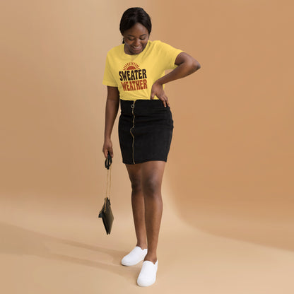 Sweater Weather retro 70s fall t-shirt — Yellow, on model