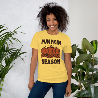 Pumpkin Season retro 70s fall t-shirt — Yellow, on model