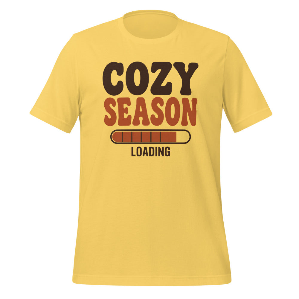 Cozy Season Loading retro 70s fall t-shirt — Yellow, front