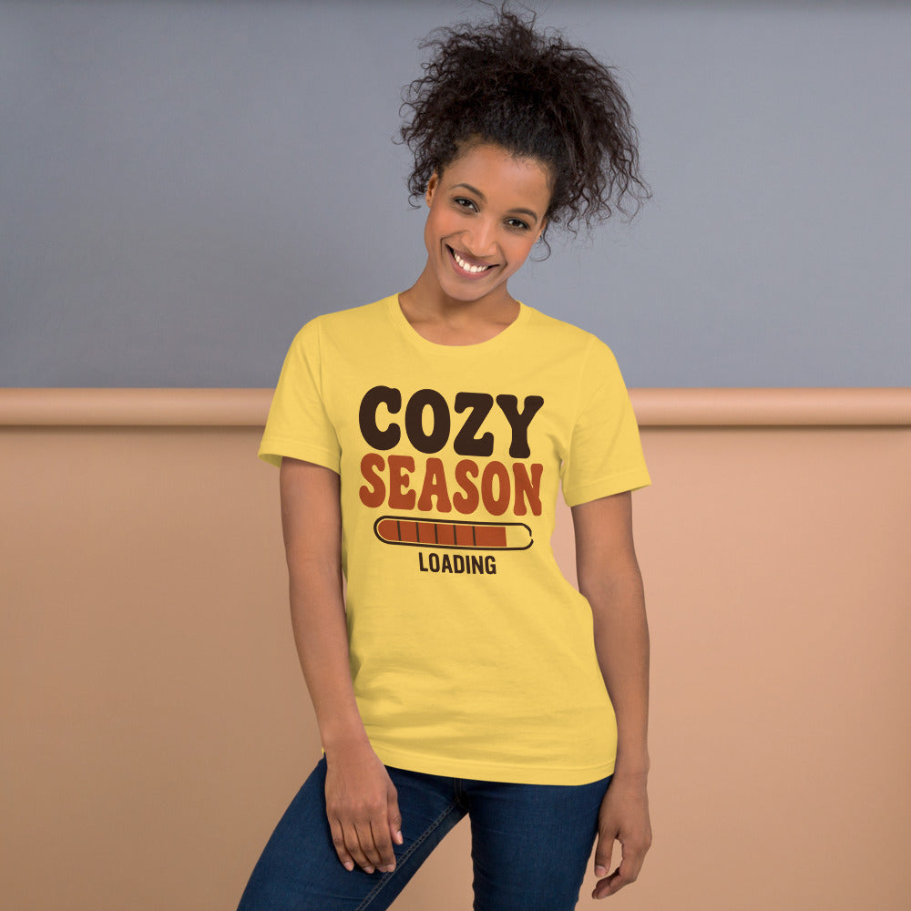 Cozy Season Loading retro 70s fall t-shirt — Yellow, on model