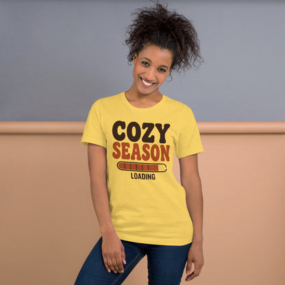 Cozy Season Loading retro 70s fall t-shirt — Yellow, on model