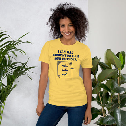 Home Exercises funny physical therapy tee — Yellow, on model
