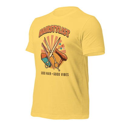 Retro Salon Hairstylist good hair good vibes tee — Yellow, front-right