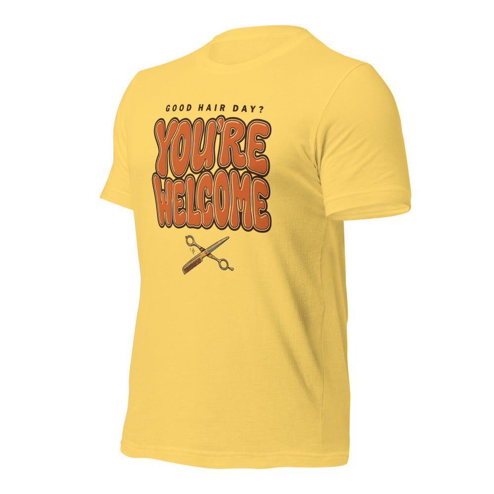 Funny hairstylist Good Hair Day You're Welcome tee — Yellow, front-right