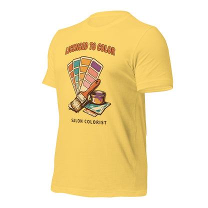 Salon colorist Licensed to Color retro tee — Yellow, front-right
