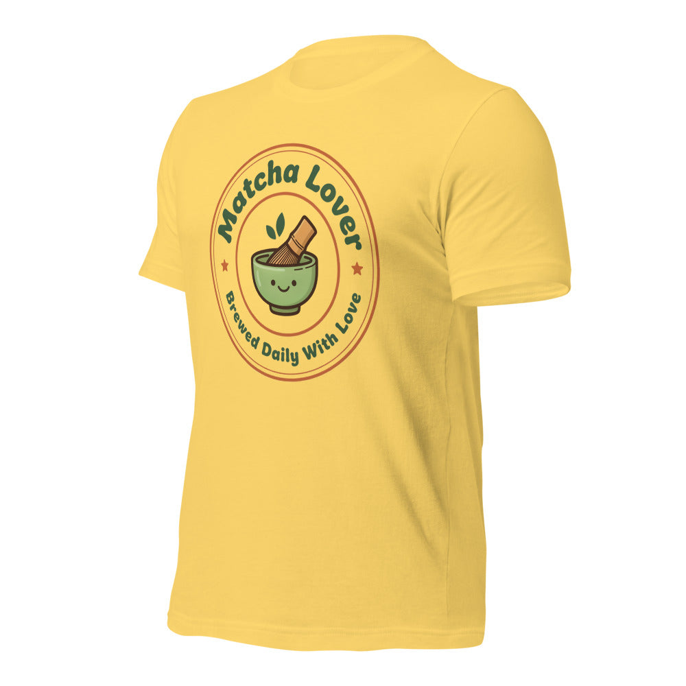 Matcha Lover retro café badge tee — Yellow, front-right