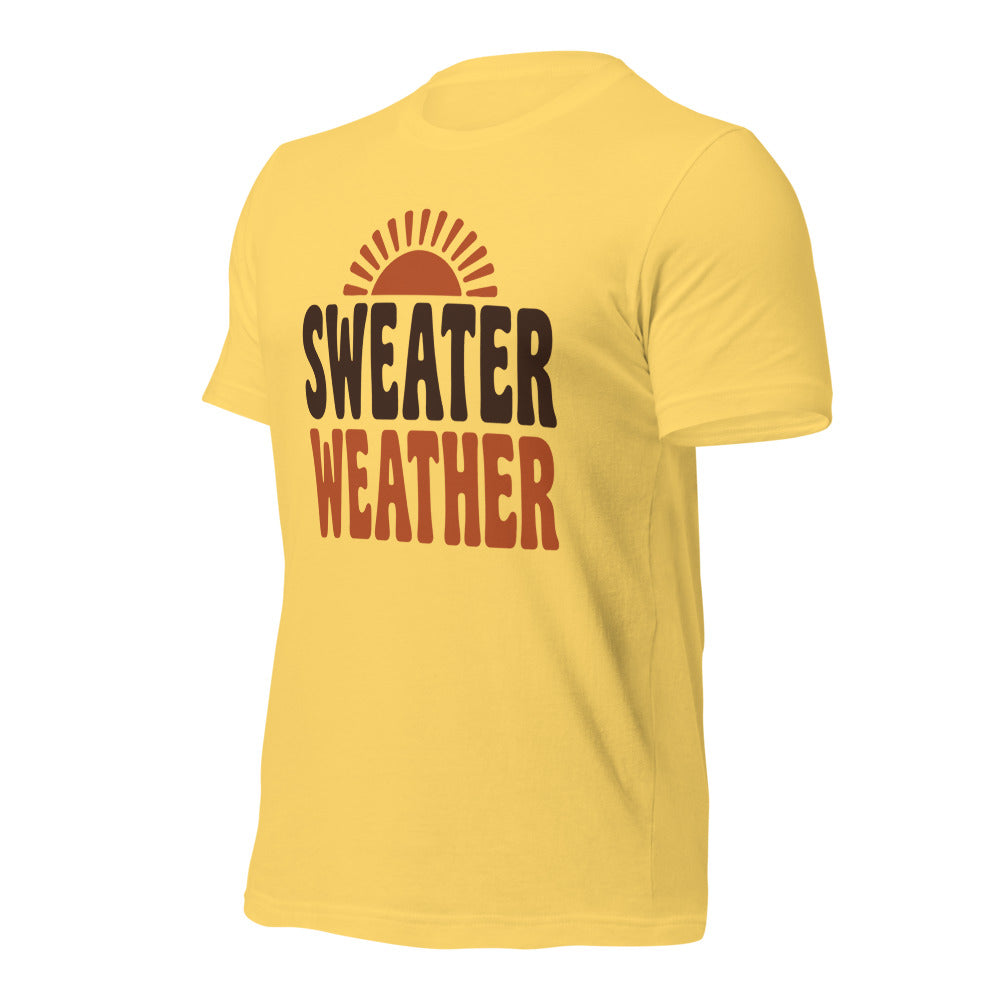 Sweater Weather retro 70s fall t-shirt — Yellow, front-right
