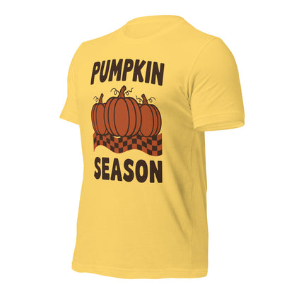 Pumpkin Season retro 70s fall t-shirt — Yellow, front-right