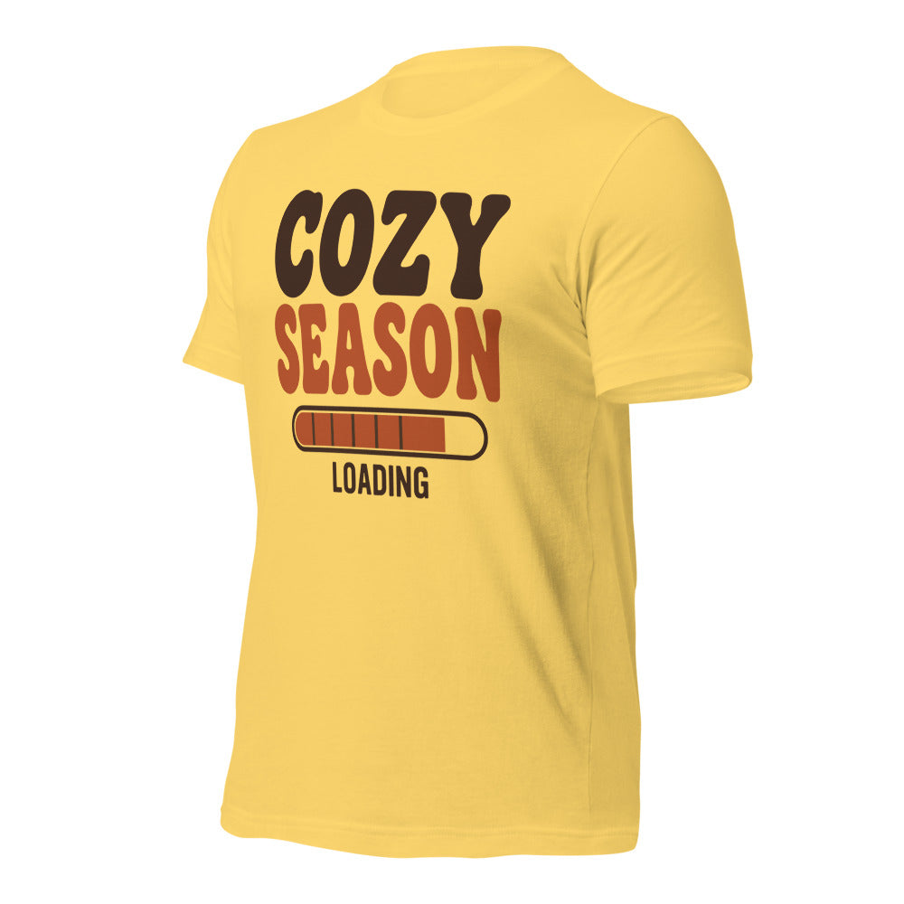 Cozy Season Loading retro 70s fall t-shirt — Yellow, front-right