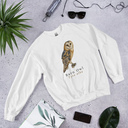 Barn Owl vintage field-guide crewneck sweatshirt — White, flat front