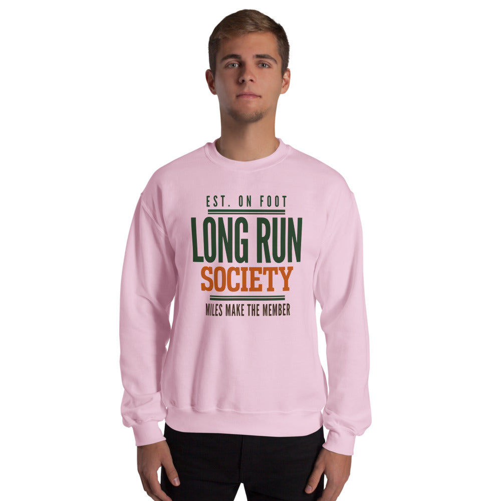 Long Run Society retro running crewneck sweatshirt — Light Pink, on model