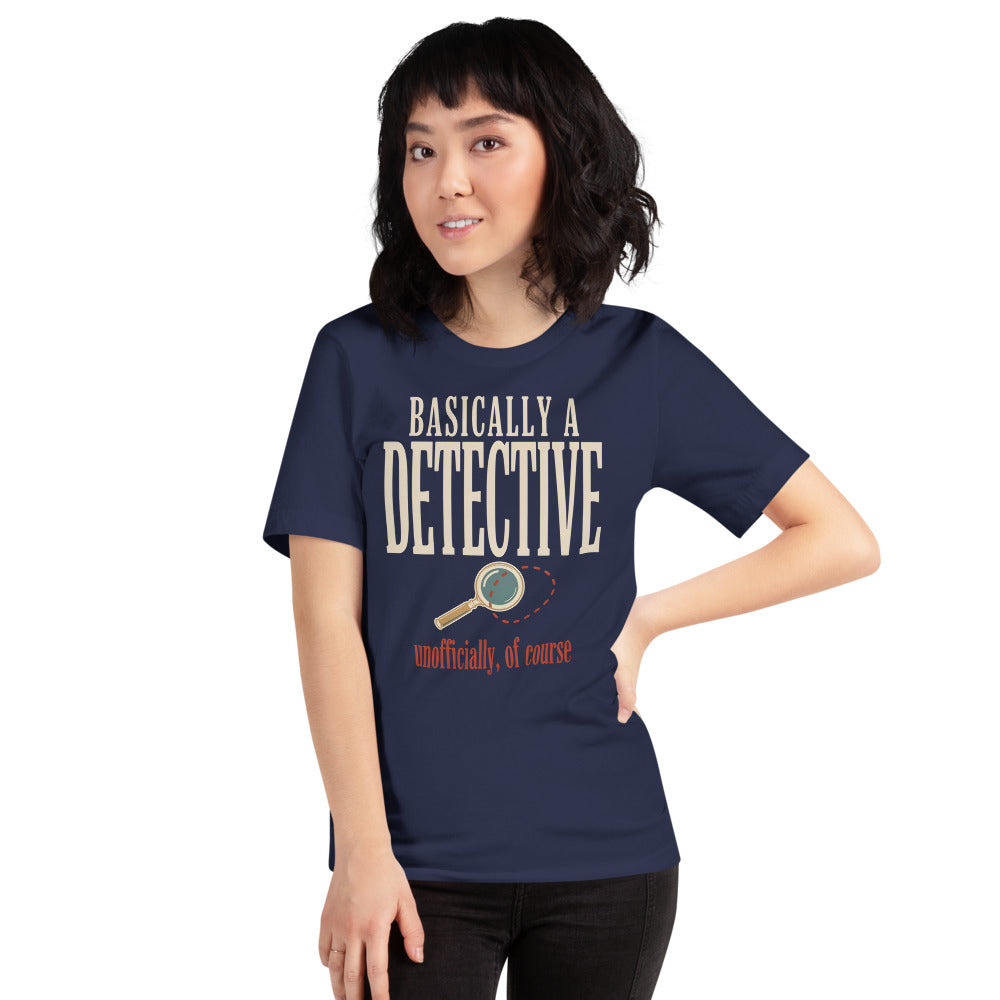 Basically a Detective vintage true crime tee — Navy, on model