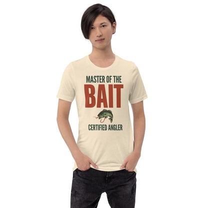 Master of the Bait retro fishing humor typography tee — Heather Natural, on model
