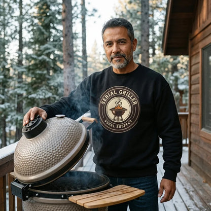 Serial Griller funny BBQ crewneck sweatshirt — lifestyle