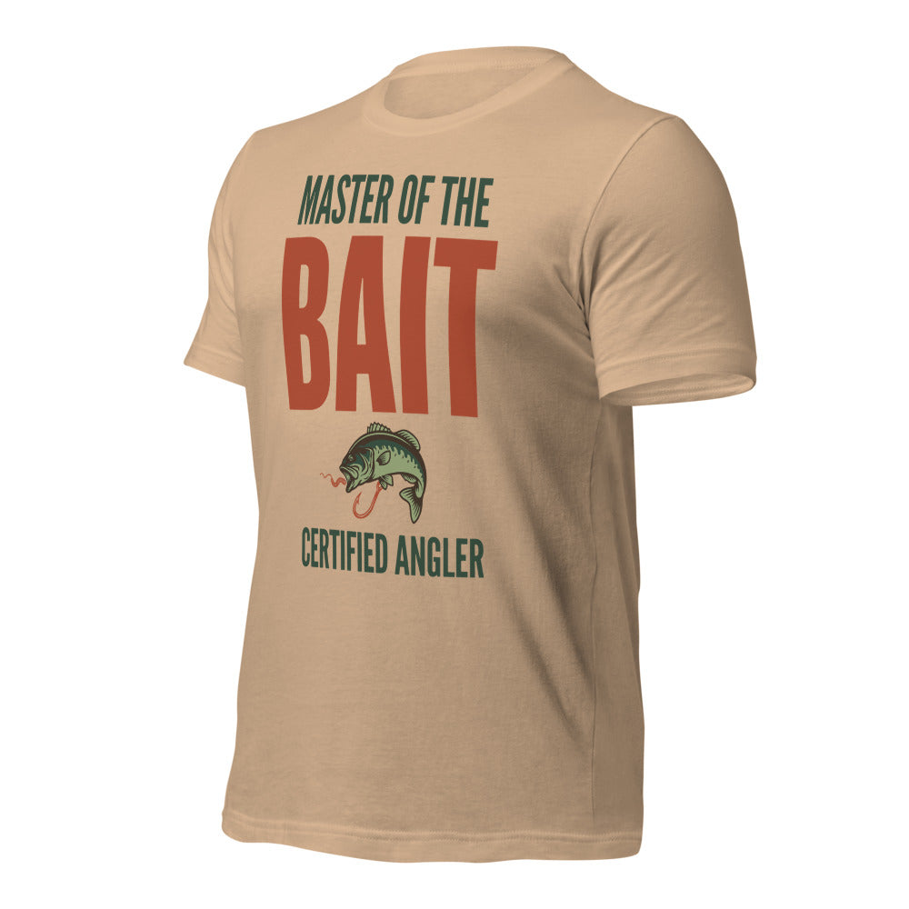 Master of the Bait retro fishing humor typography tee — Tan, front-right