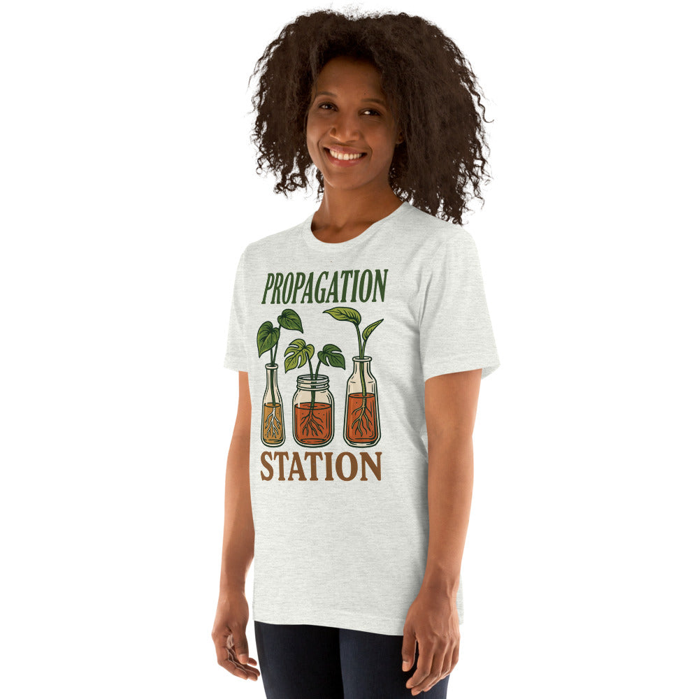 Propagation Station retro botanical plant lover tee — Ash, on model