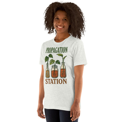 Propagation Station retro botanical plant lover tee — Ash, on model