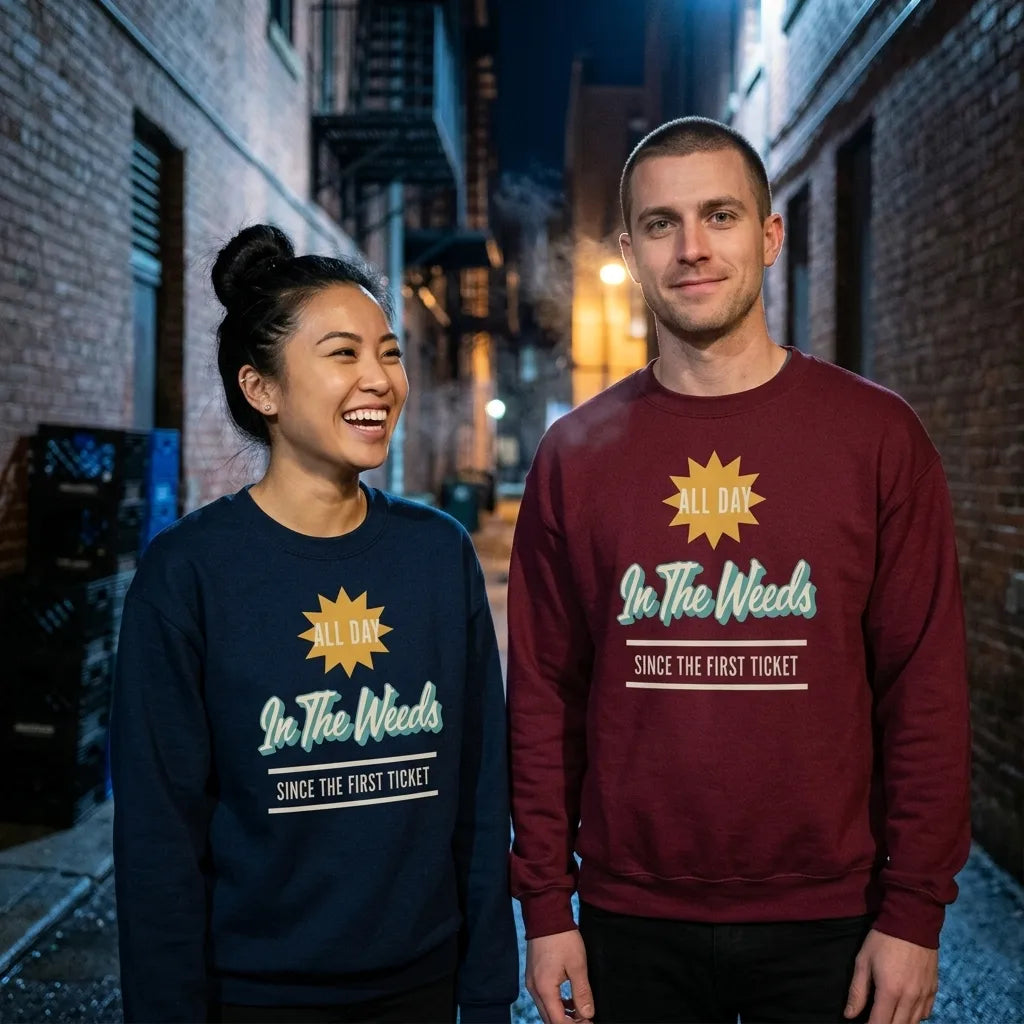 In The Weeds line cook retro diner service sign crewneck sweatshirt — lifestyle