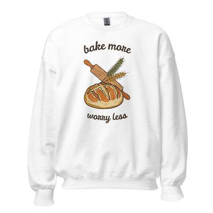 Bake More Worry Less retro kitchen sourdough crewneck sweatshirt — White, front