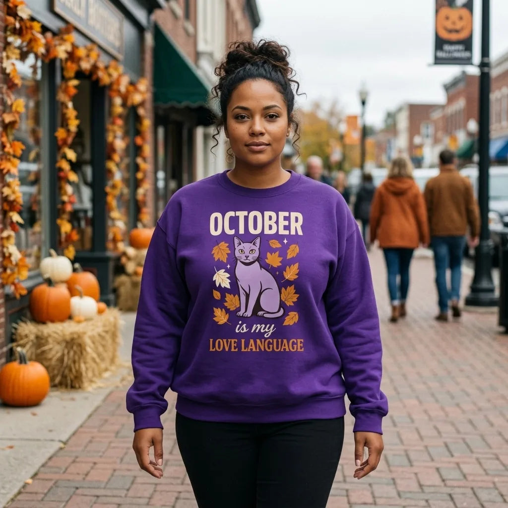 Woman on a Halloween-decorated main street wearing an October Is My Love Language retro Halloween black cat crewneck sweatshirt in Purple