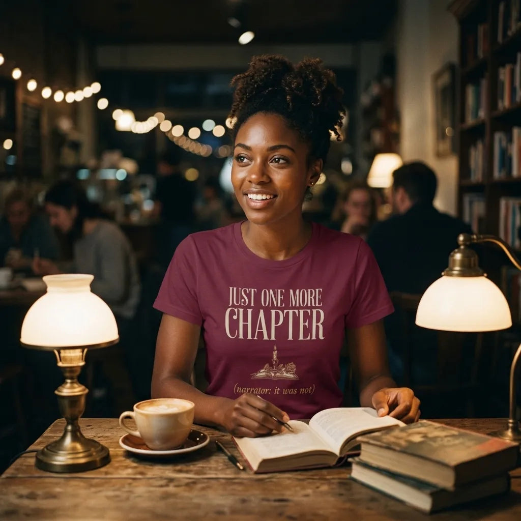 Just One More Chapter book lover dark academia tee — woman reading at a cafe table, Maroon