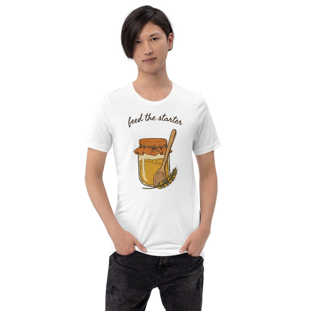 Feed The Starter sourdough baker tee — White, on model