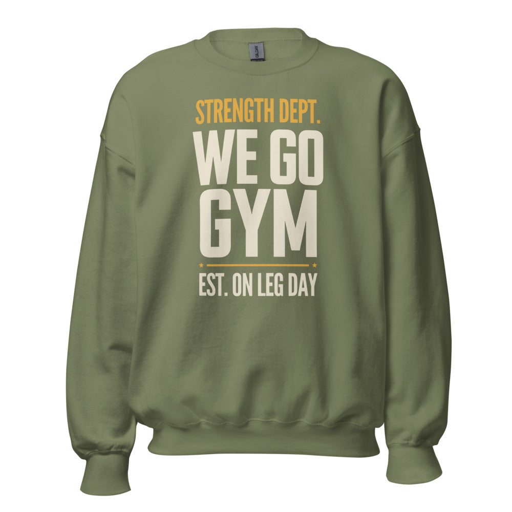 We Go Gym vintage athletic crewneck — Military Green, front