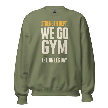 We Go Gym vintage athletic crewneck — Military Green, front