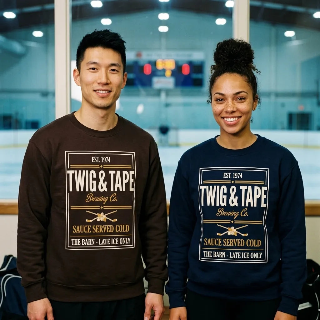 Twig and Tape Brewing Co. beer league hockey crewneck sweatshirt — lifestyle
