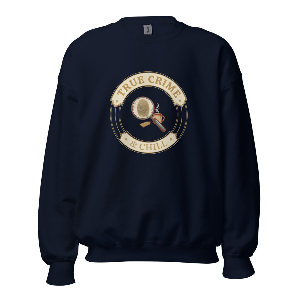 True Crime and Chill crewneck sweatshirt — Navy, front