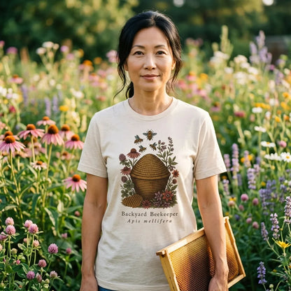 Backyard Beekeeper field-guide bee tee — lifestyle