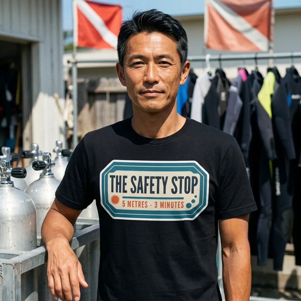 The Safety Stop vintage scuba diving travel decal t-shirt — lifestyle