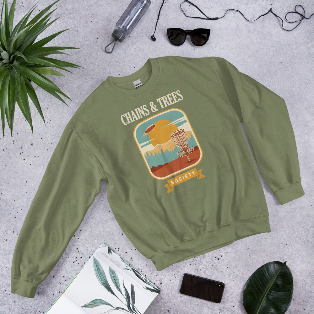 Chains & Trees Society disc golf retro landscape crewneck sweatshirt — Military Green, front-right