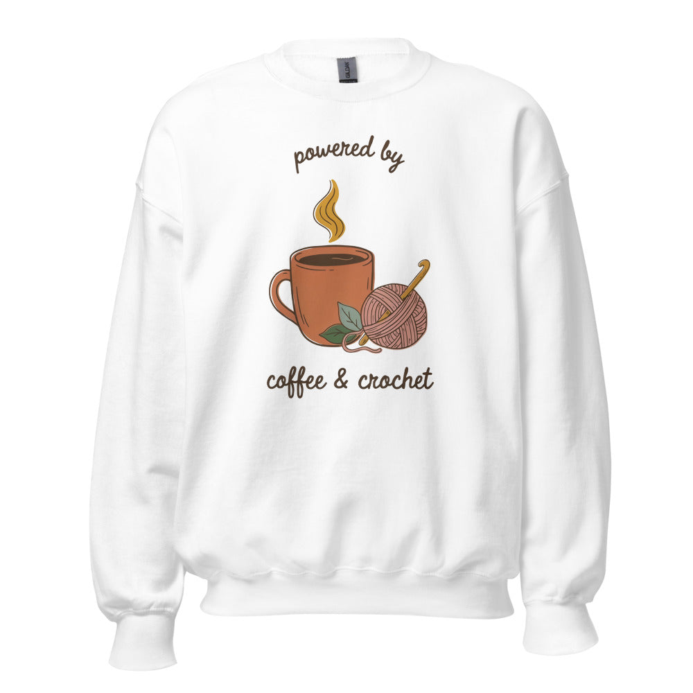 Powered by Coffee and Crochet cottagecore crochet crewneck sweatshirt — White, front