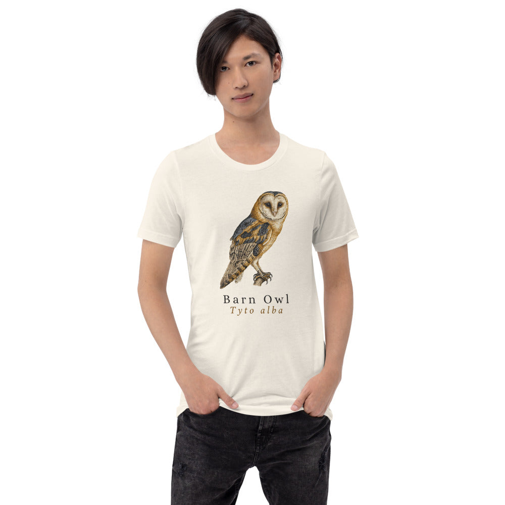 Barn Owl vintage field-guide tee — Vintage White, on model