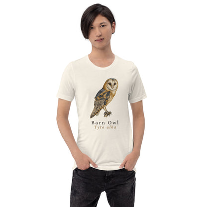 Barn Owl vintage field-guide tee — Vintage White, on model