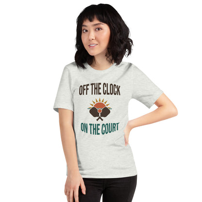 model wearing Off The Clock On The Court retro pickleball tee — Ash