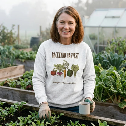 Backyard Harvest heirloom vegetable gardening crewneck sweatshirt — lifestyle