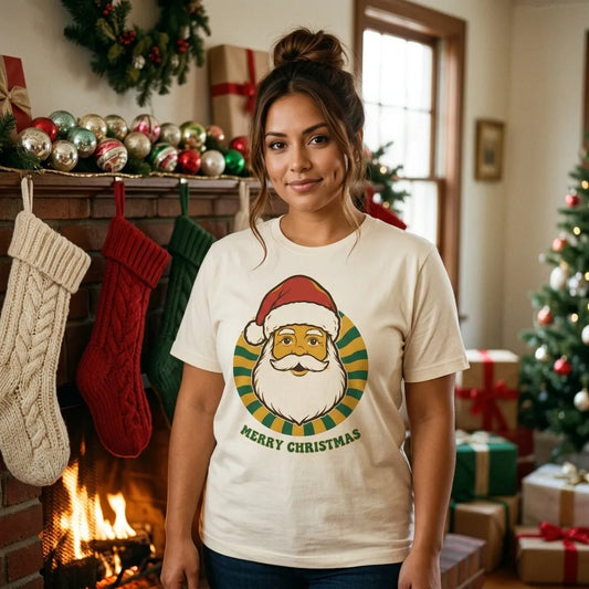Groovy Santa retro Christmas tee — lifestyle