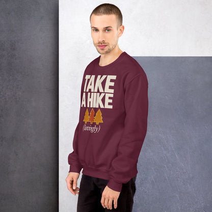 Take a Hike retro outdoors humor typography crewneck sweatshirt — Maroon, on model