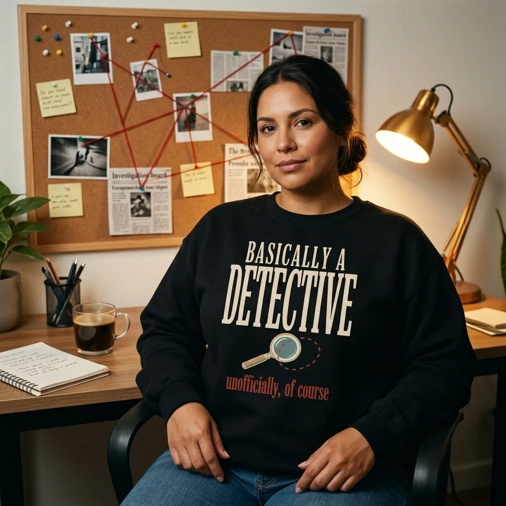 Basically a Detective true crime crewneck sweatshirt — woman at a cozy home desk nook with an investigation board, Black