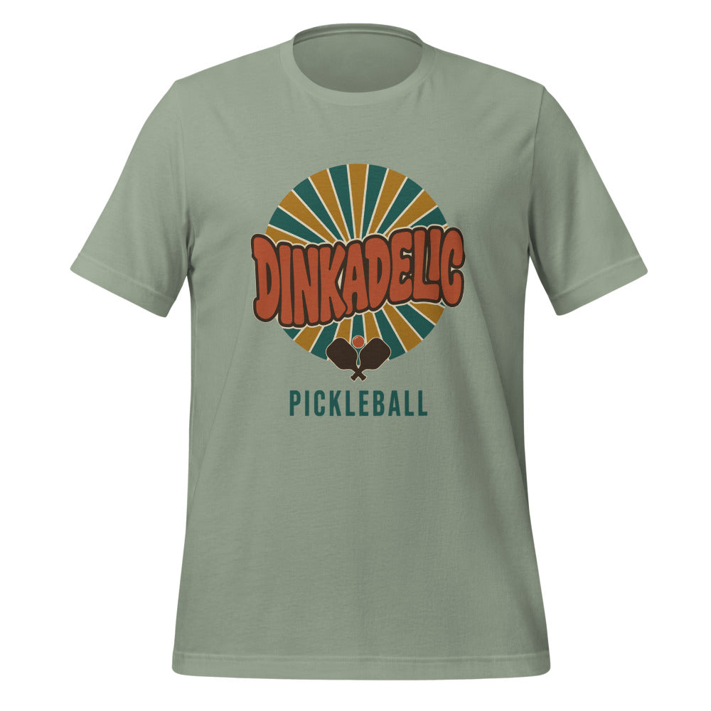 Dinkadelic retro 70s pickleball tee — Sage, front