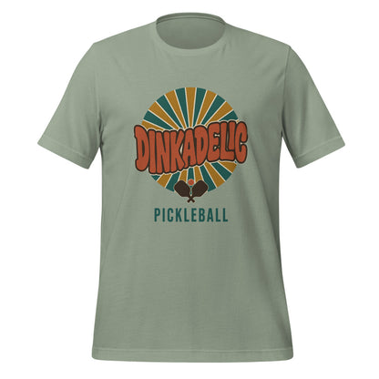 Dinkadelic retro 70s pickleball tee — Sage, front