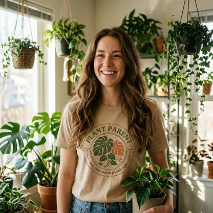 Woman in a sunlit plant-filled living room wearing the Plant Parent retro botanical badge tee, full crest visible