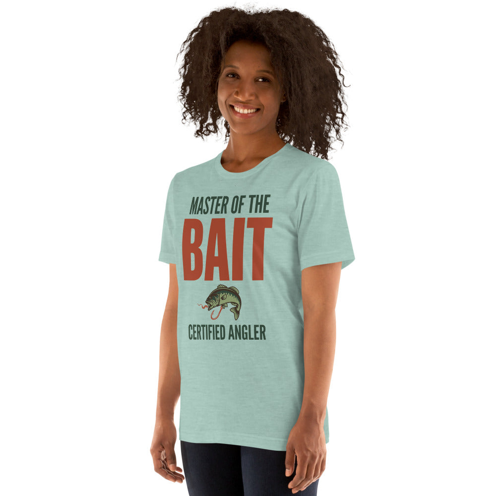 Master of the Bait retro fishing humor typography tee — Heather Prism Dusty Blue, on model