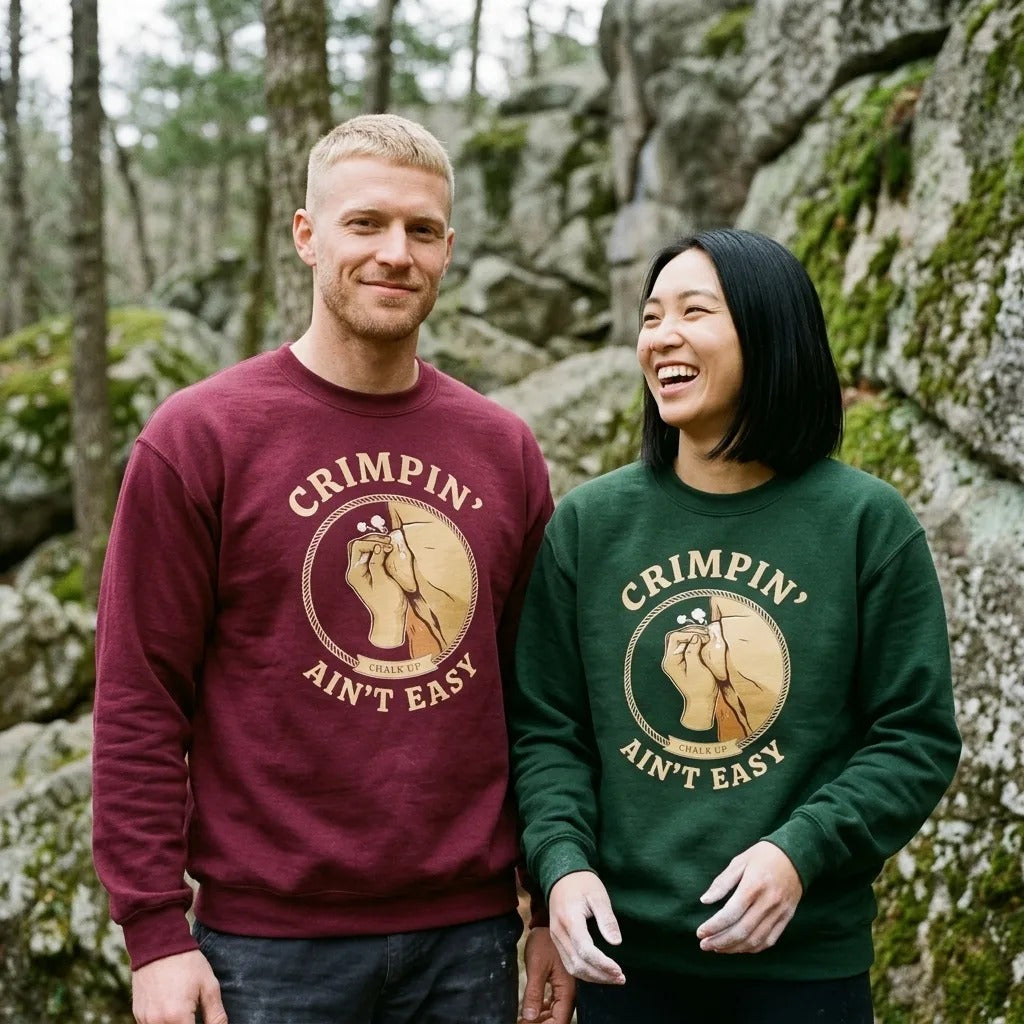 Crimpin' Ain't Easy bouldering badge crewneck sweatshirt — lifestyle