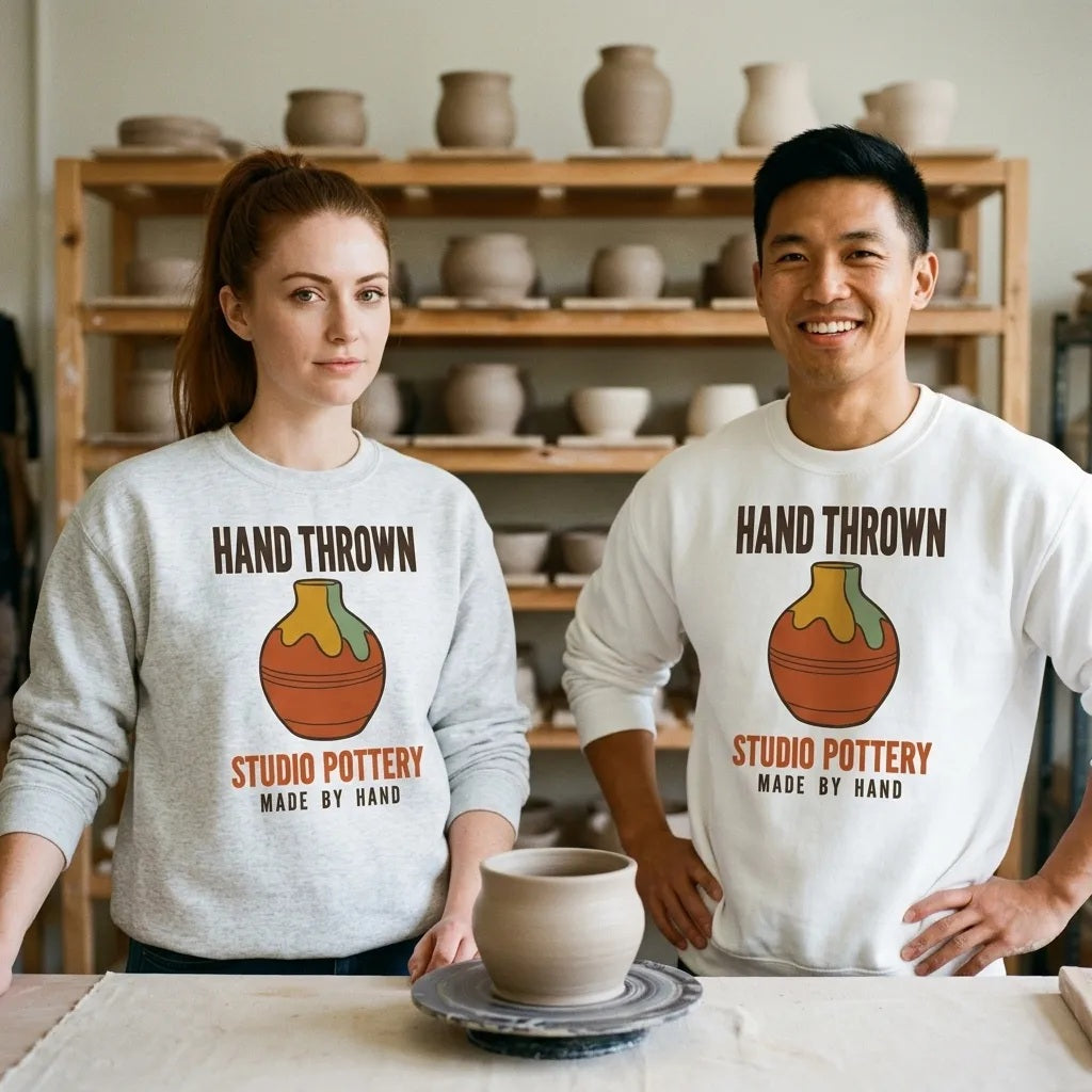 Hand Thrown Studio Pottery retro poster crewneck sweatshirt — lifestyle