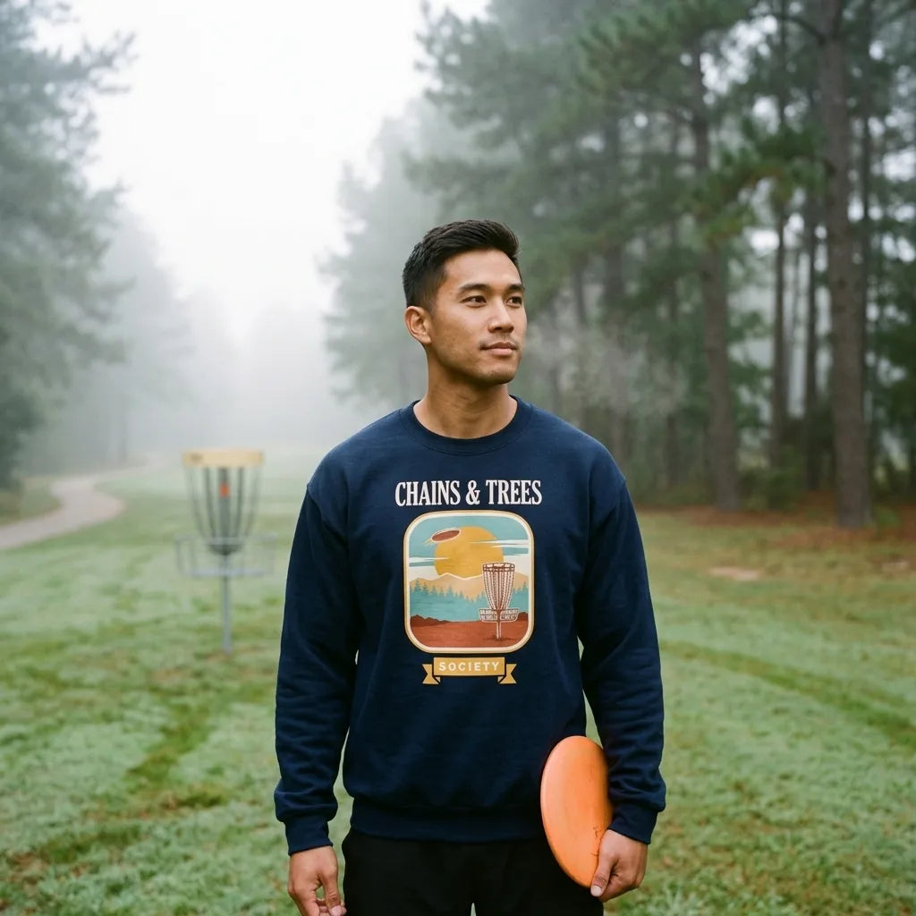 Disc golfer on a foggy wooded fairway wearing the Chains & Trees Society Navy crewneck sweatshirt