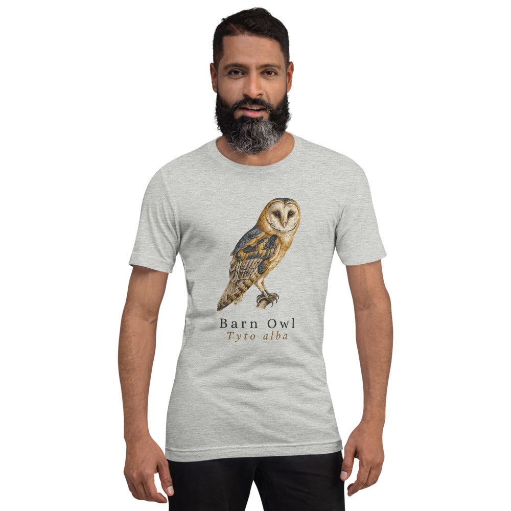 Barn Owl vintage field-guide tee — Athletic Heather, on model