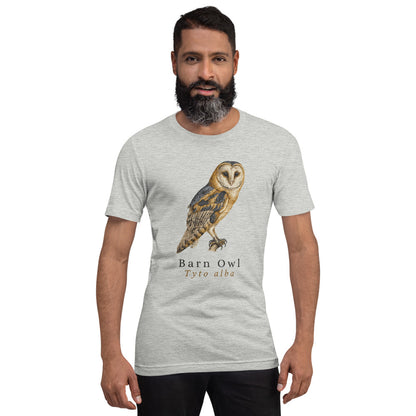 Barn Owl vintage field-guide tee — Athletic Heather, on model